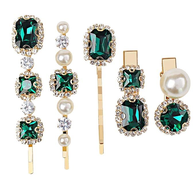 5 Pcs Emerald Hair Barrettes,Pearl Hair Pins for Women Hair Accessories,Rhinestone Pearl Bobby Ba... | Amazon (US)