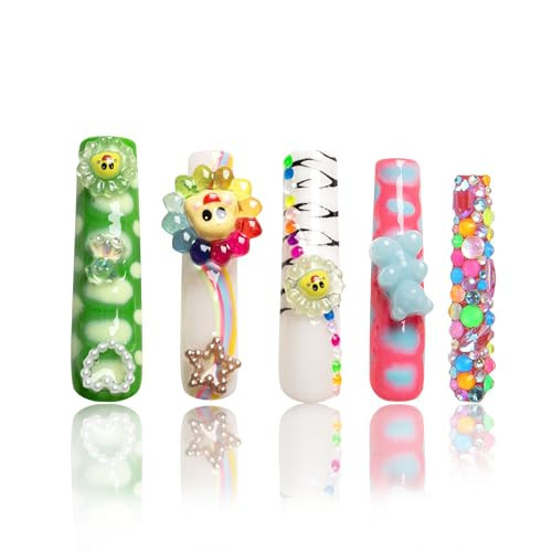 LOVFUL Handmade Press on Nails with Lovkashi Flower Design | Colorful Acrylic Stick On Nails | Reusable Full Cover Nails| Square Long 2.2 in | H65 (M) | Amazon (US)