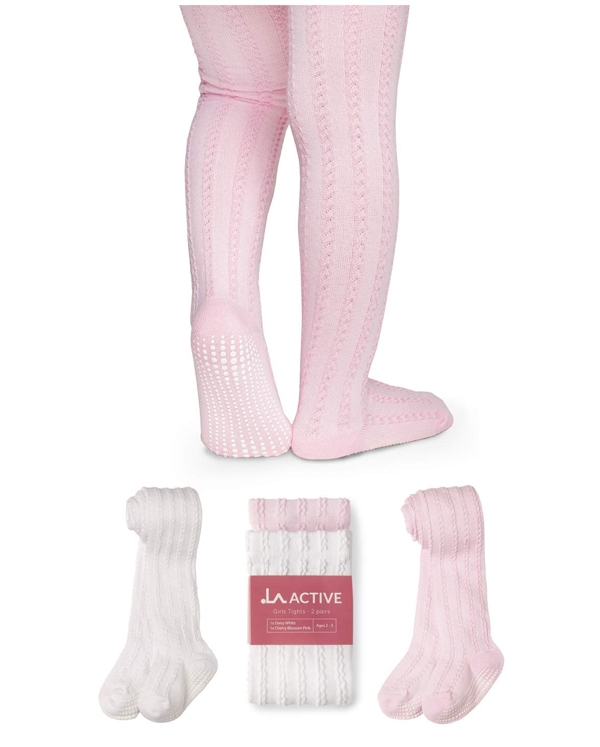 LA Active Baby Tights - 2 Pairs - Non Skid/Slip Cable Knit (White & Pink 4T-5T) | Amazon (US)