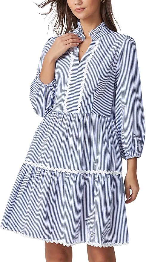 D-Sun Women Long Sleeve Mini Dress Striped V-Neck Holiday Dress with Pockets Cotton Casual A-Line... | Amazon (US)