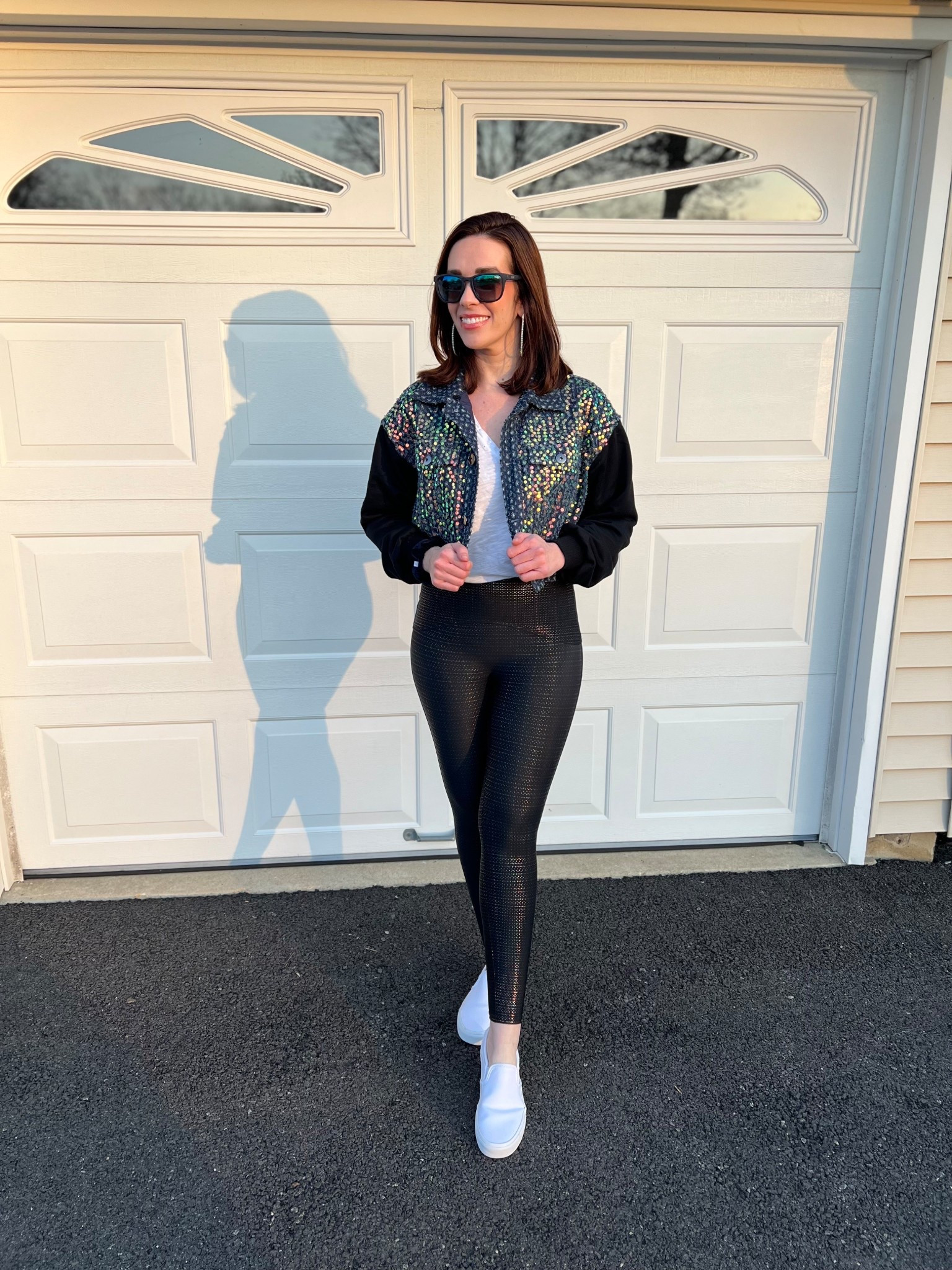 Denim sequin cropped jacket (s). White vneck tshirt (s). Black faux leather leggings (s). White slip on sneakers (8.5). #jacket #croppedjacket #denimjacket #sequinjacket #tshirt #whitetshirt #vnecktshirt #leggings #blackleggings #fauxleatherleggings #sneakers #sliponsneakers #whitesneakers #springoutfit 
spring outfits 2026 

#LTKSeasonal #LTKSpringSale