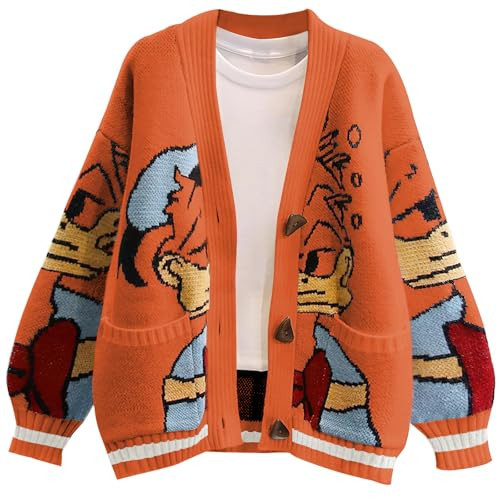 Womens Cute Embroidery Cartoon Duck Cable Knit Cardigans Sweater Button Down Slouchy Wool Blend Coat (M, Orange) | Amazon (US)