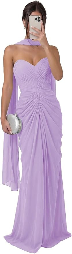 Strapless Chiffon Bridesmaid Dress for Women Scarf Ruched Mermaid Formal Wedding Guest Dress with... | Amazon (US)