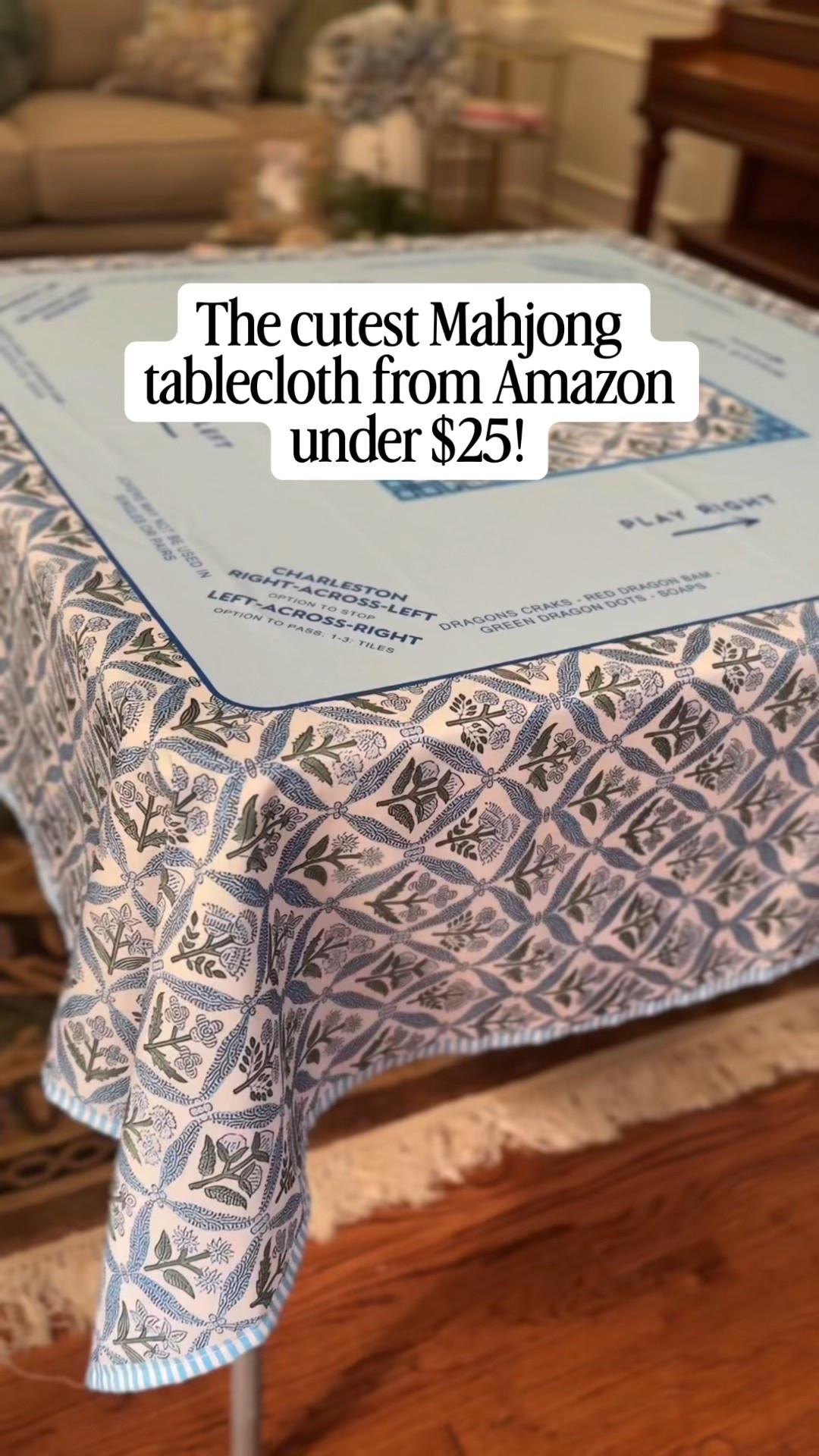 This Mahjong tablecloth from Amazon has such a beautiful pattern and is perfect for game night! 🀄️

It features the Mahjong rules printed right on the top (so helpful when you’re learning or need a quick reminder), and the polyester material makes it super wipeable and easy to clean.

There are also so many gorgeous pattern options, so I linked this one plus several other styles below!

#LTKHome