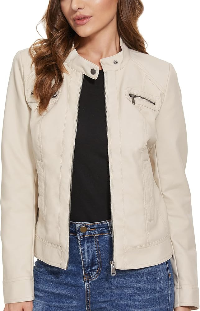 Fahsyee Zip Leather Jackets for Women Motorcycle Faux PU Moto Biker Outwear Coat | Amazon (US)