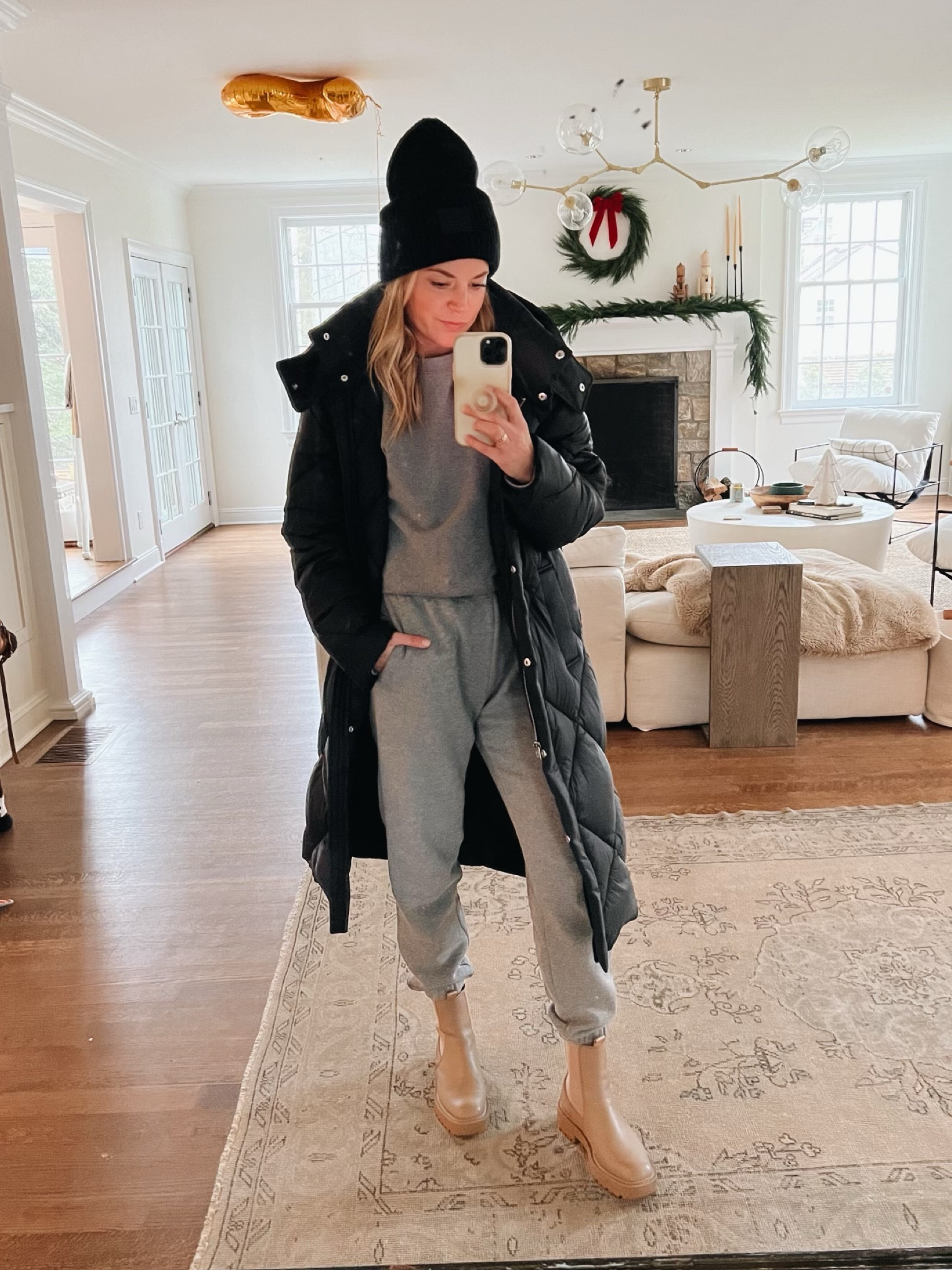 •$40 Matching sweat suit (small top, XS pants ) 
•long puffer winter coat (XS)
•waterproof boots (tts) 

winter style 

#LTKSeasonal #LTKstyletip #LTKunder100