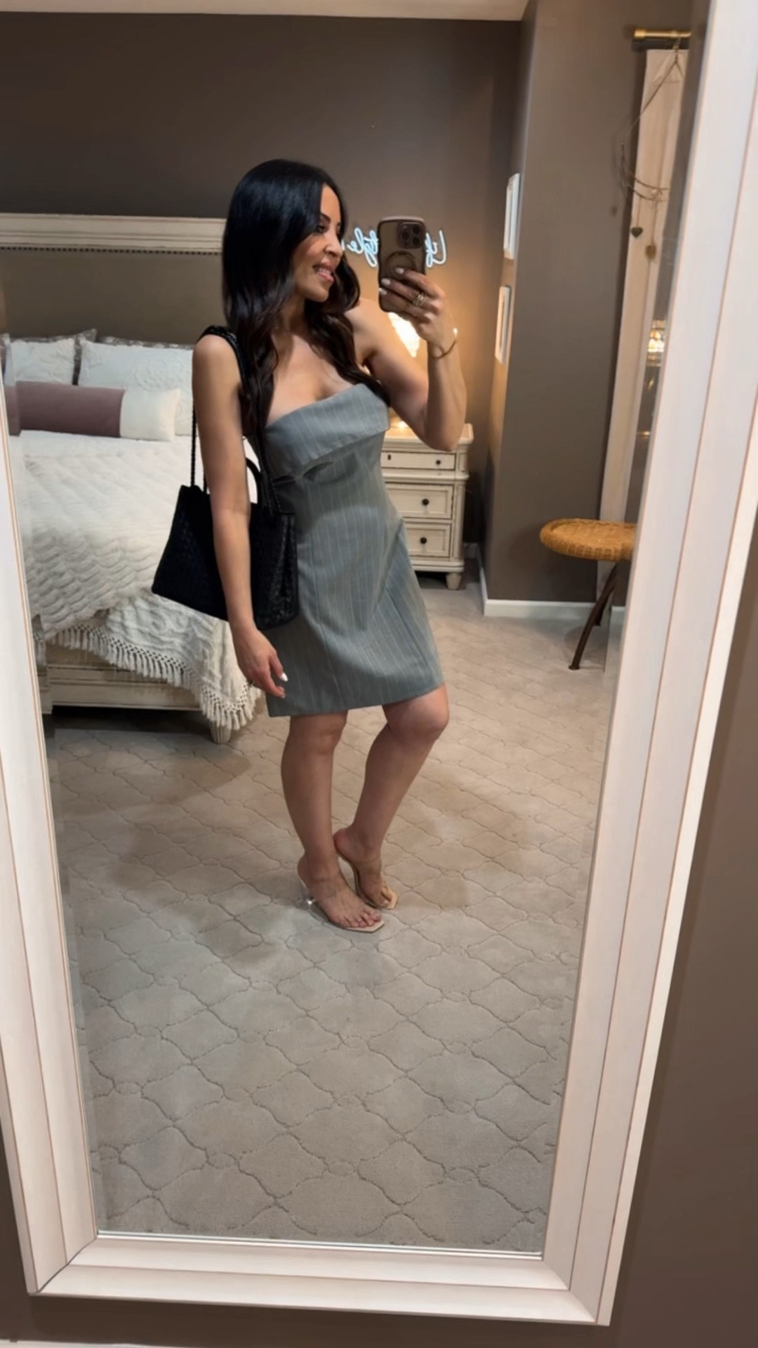 Can you be sexy and conservative at the same time?! YES! With this cute dress that is only $10 on clearance at Walmart. The pinstripe suiting fabric makes it conservative, but the strapless style and length is so sexy. Just make sure to grab this gorgeous bag from Quince to level up your  look. What do you think? 
🩶🩶🩶🩶🩶🩶🩶

#LTKFindsUnder50 #LTKSaleAlert #LTKOver40