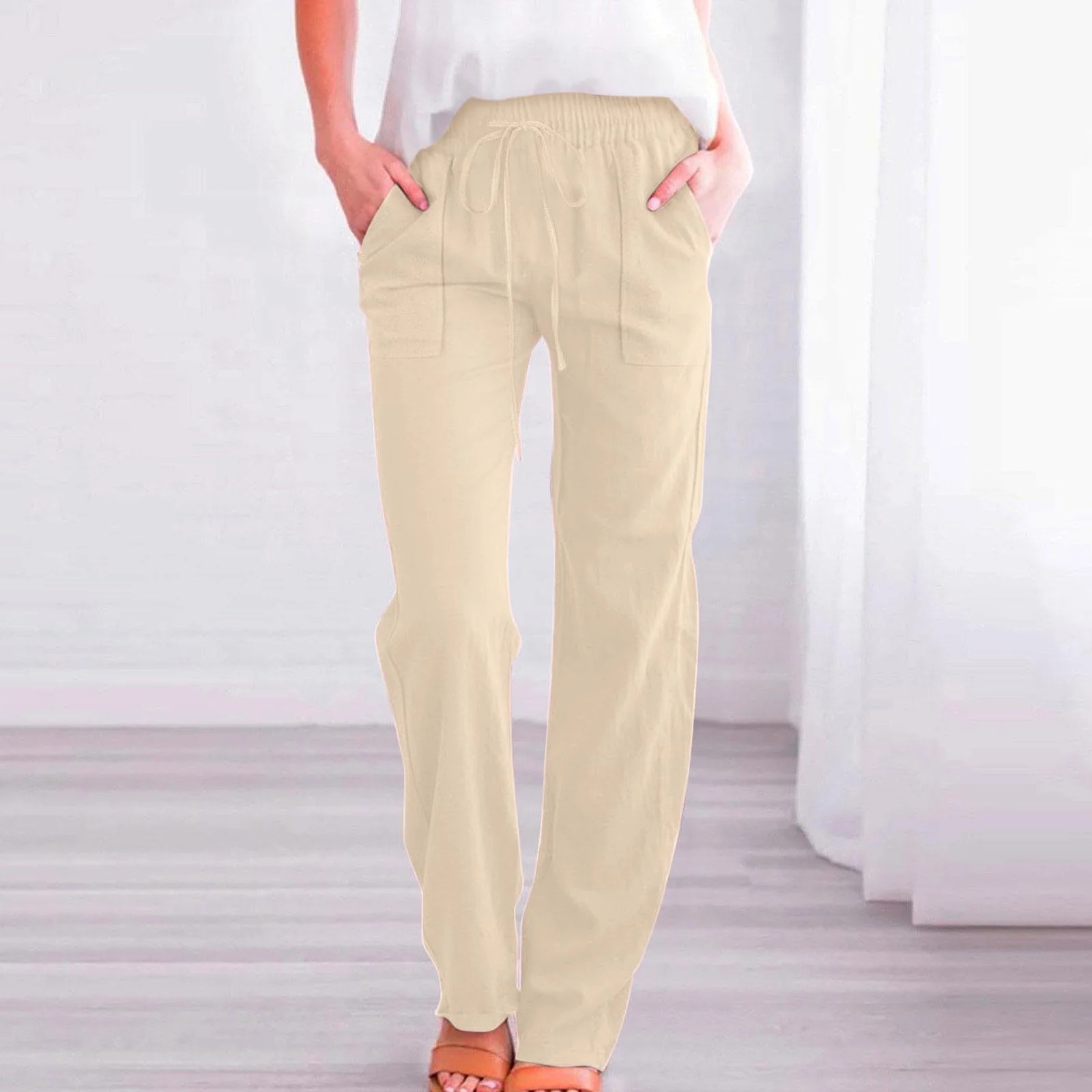 Sakmal Business Casual Women's Pants Straight Leg Work Khakis Mid Beige Solid Pants with Pockets | Walmart (US)