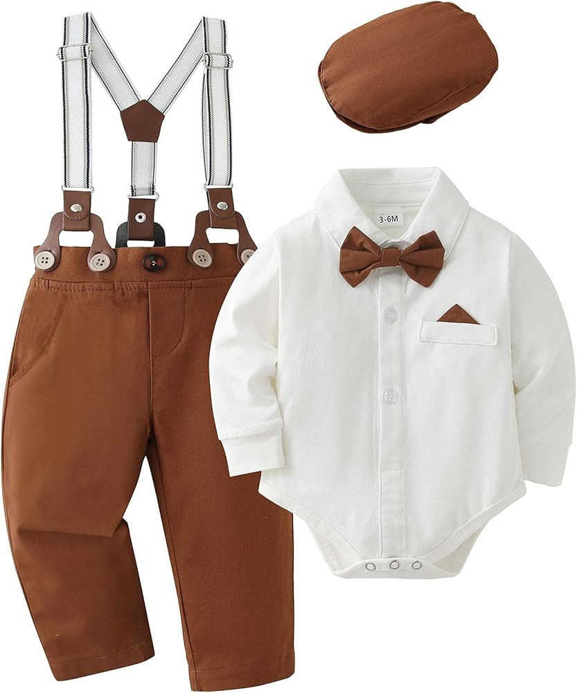 DISAUR Baby Boy Clothes Suits 4PCS Gentleman Outfit Dress Romper Beret Hat Suspender Pants Bow Ti... | Amazon (US)
