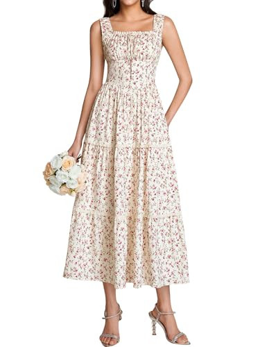 KUTUMAI Summer Floral Midi Dresses for Women 2026 Corset Smocked Cottagecore Dress Flowy Tiered Sundress PinkFloral XL | Amazon (US)