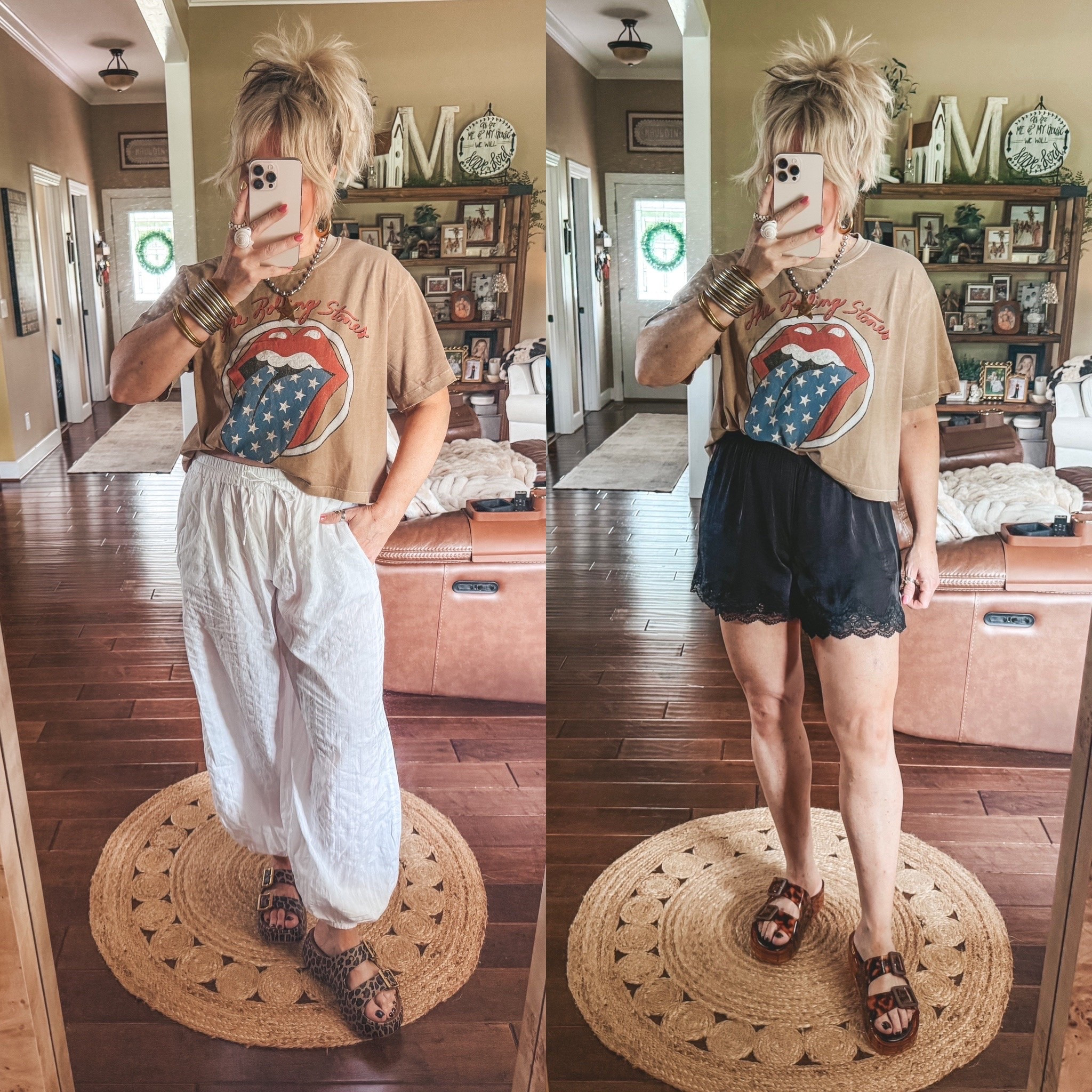 Cutest Rolling Stones tee ⭐️♥️🇺🇸
I’m in a medium and love these shorts so much I grabbed in black…also medium. 
Crocs I size down and jelly sandals run true to size.
Save with code MANDIE @BELJOY