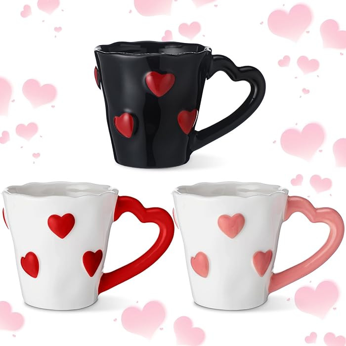 Yungyan 3 Pcs Valentines Ceramic Coffee Mugs 8.45 oz 3D Heart Cute Creative Heart Handle Relief M... | Amazon (US)