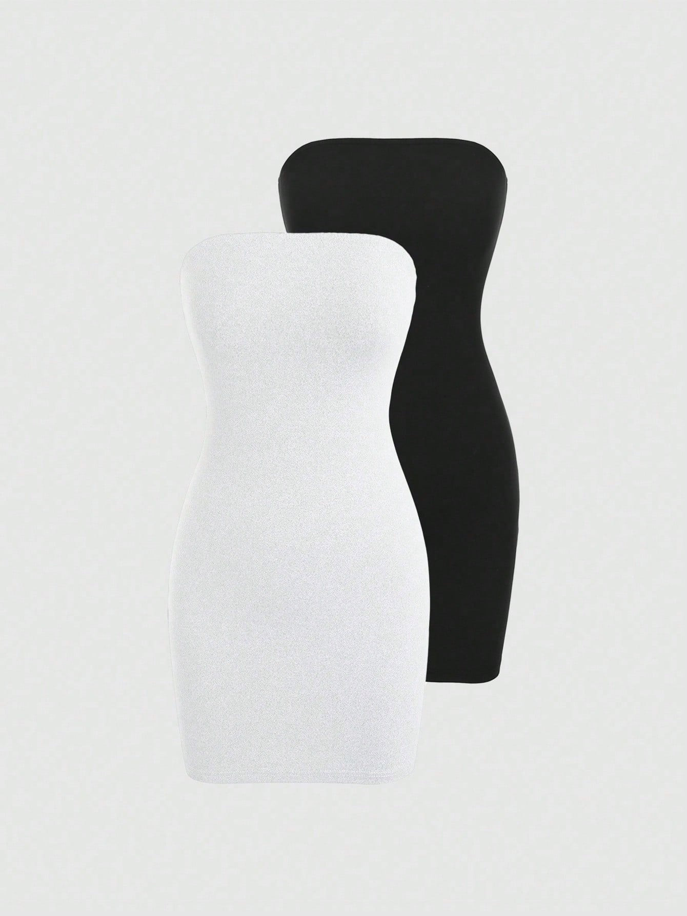 SHEIN MOOSTA Einfarbiges schulterfreies Midi-Kleid für Frauen, kurzer Minirock-Damenoutfit | SHEIN