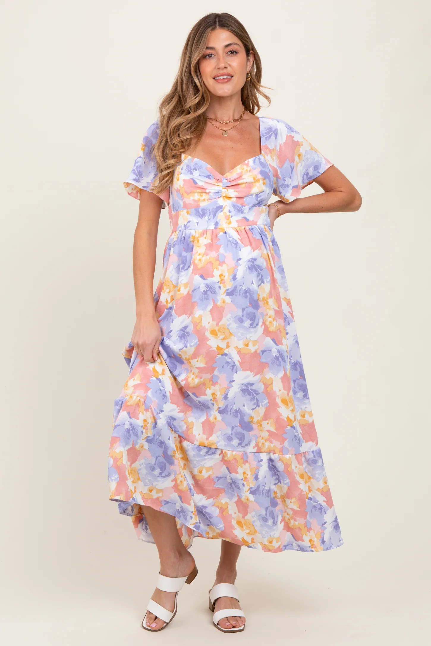Coral/Purple Floral Flare Sleeve Tiered Maternity Maxi Dress | PinkBlush Maternity