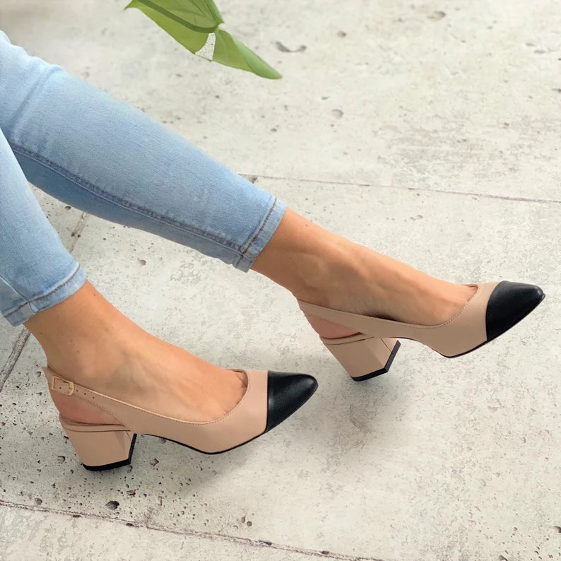 Ella  Leather Block Heelstwo-tone Pumpsbeige With Black | Etsy | Etsy (US)