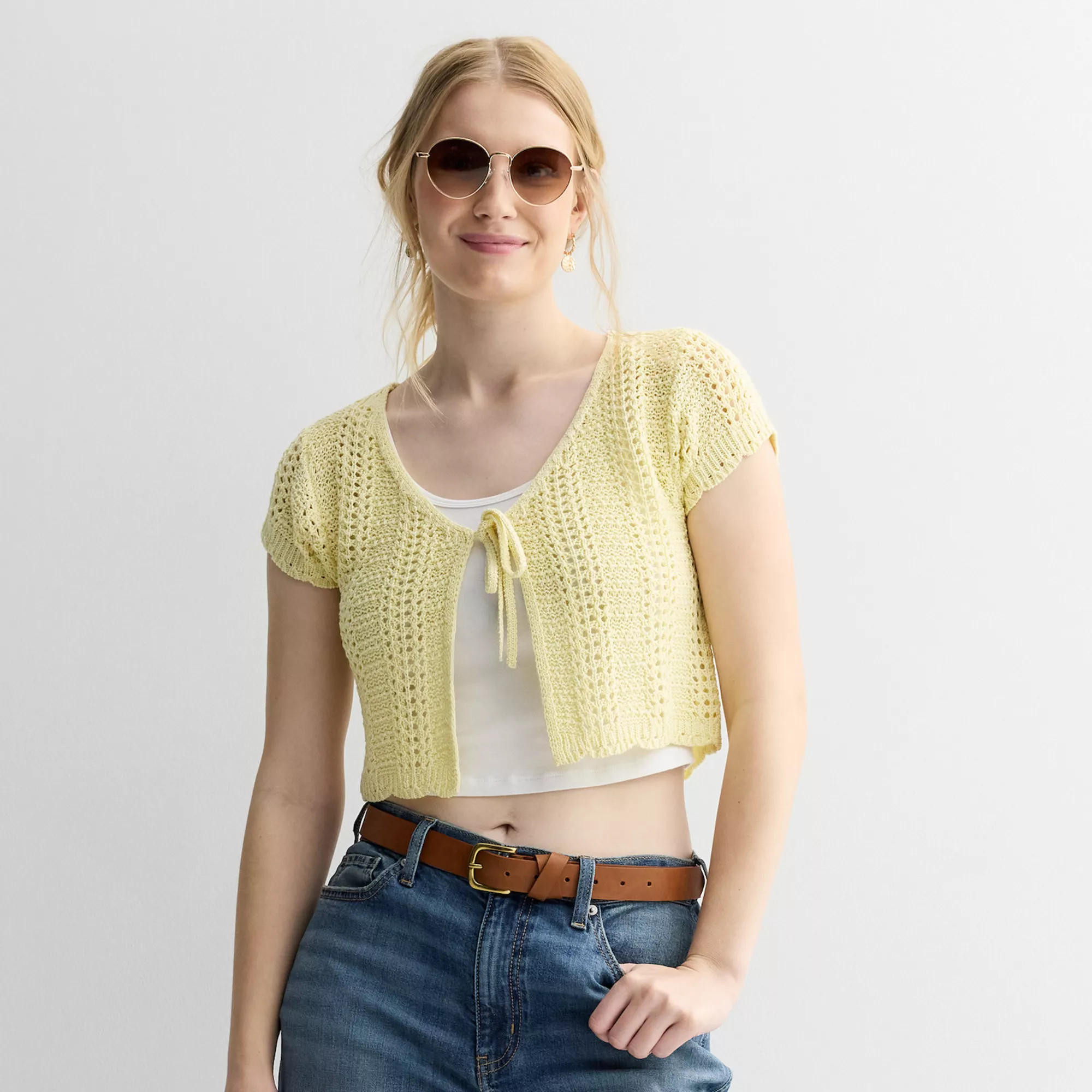 Juniors' Pink Rose Short Sleeve Front Tie Cardigan | Kohl's