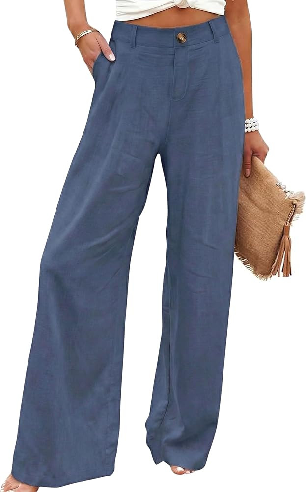 Hooever Womens Cotton Linen Pants Casual Button Up High Waisted Wide Leg Trousers | Amazon (US)