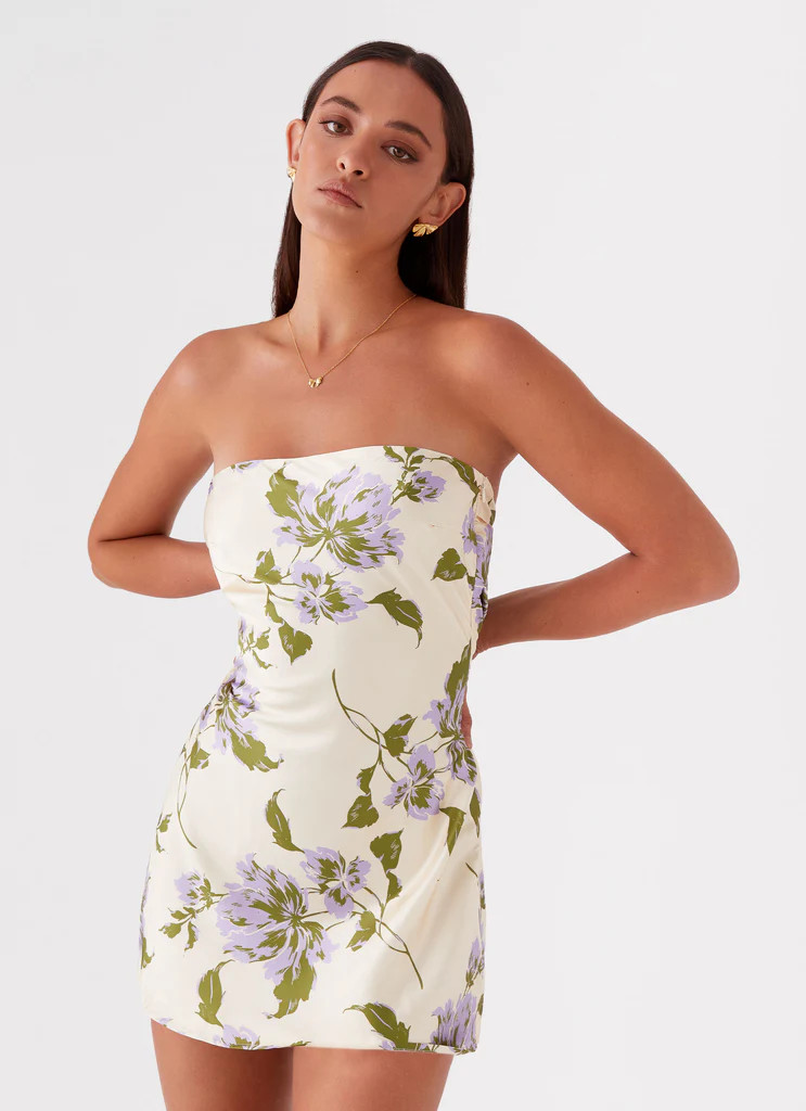 Jamie Satin Mini Dress - Yellow Purple Floral | Peppermayo (Global)