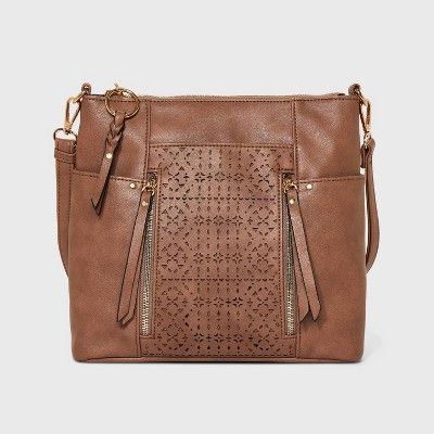 VR NYC Maari Multi Zip Laser Cut Crossbody Bag - Dark Brown | Target