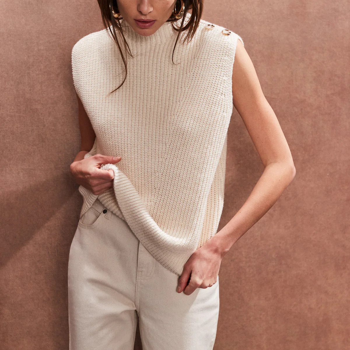 Cream Button Detail Cotton-Rich Knit Vest | Ro&Zo
