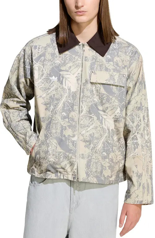 adidas Originals Leaf Print Cotton Canvas Workwear Jacket in Putty Grey/Grey /Beige at Nordstrom, Size Medium | Nordstrom