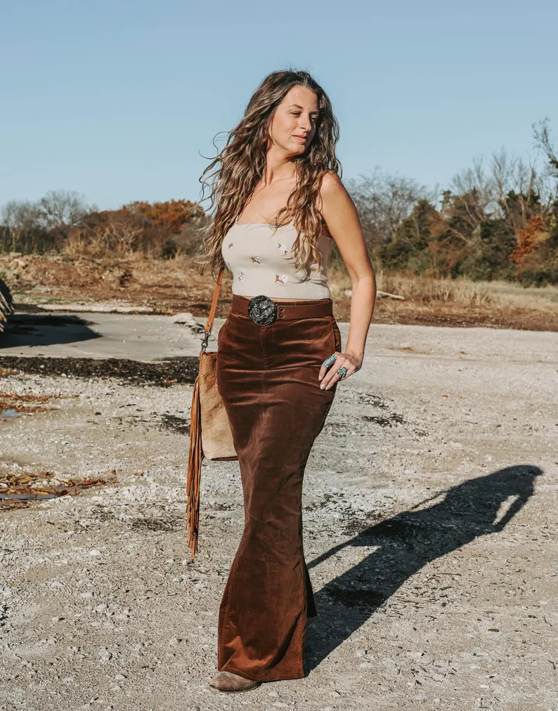Brown Cotton Corduroy Pocket Maxi Western Country Vintage Washed 70s Inspired Skirt Rodeo | Etsy (Global)