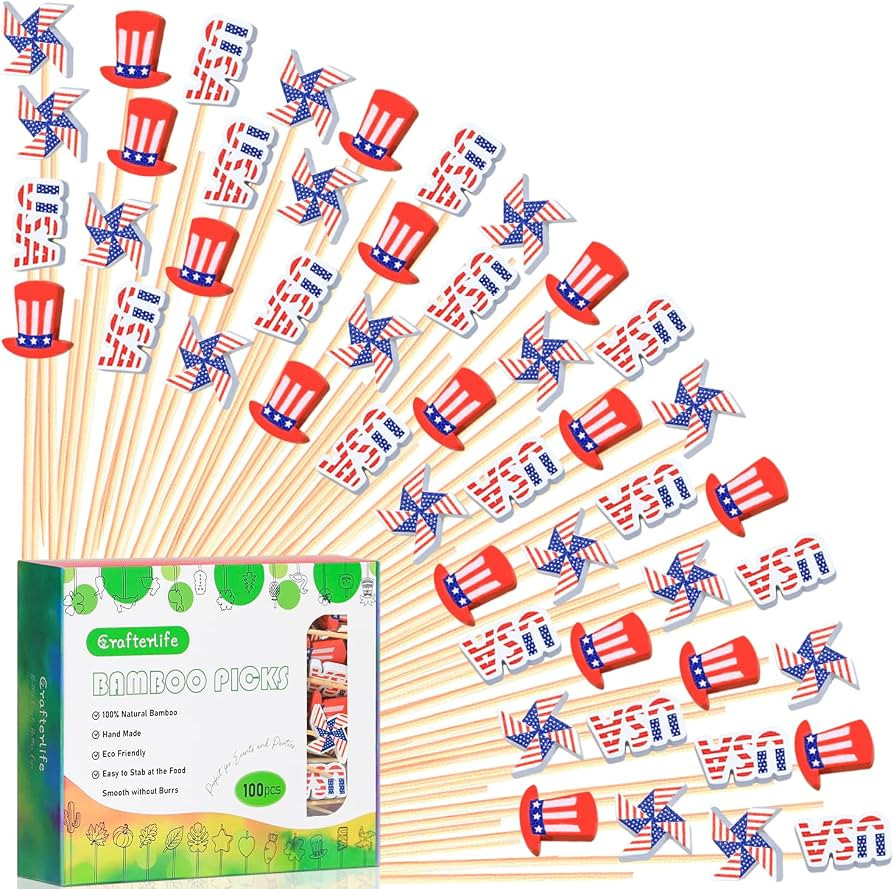 4th of July Patriotic Cocktail Picks Red White and Blue Toothpicks Fruit Sticks Sandwich Charcute... | Amazon (US)