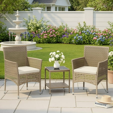 Lacoo 3 Pieces Outdoor conversation Set Rattan Patio Furniture Bistro Chat Chairs Set of 2 with Table for Garden Porch, Gray | Walmart (US)
