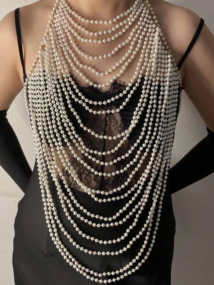 1 Pc French Style Luxurious & Sexy Long Pearl Necklace, Multi-Layer V-Neck Collarbone Chain,Sweat... | SHEIN