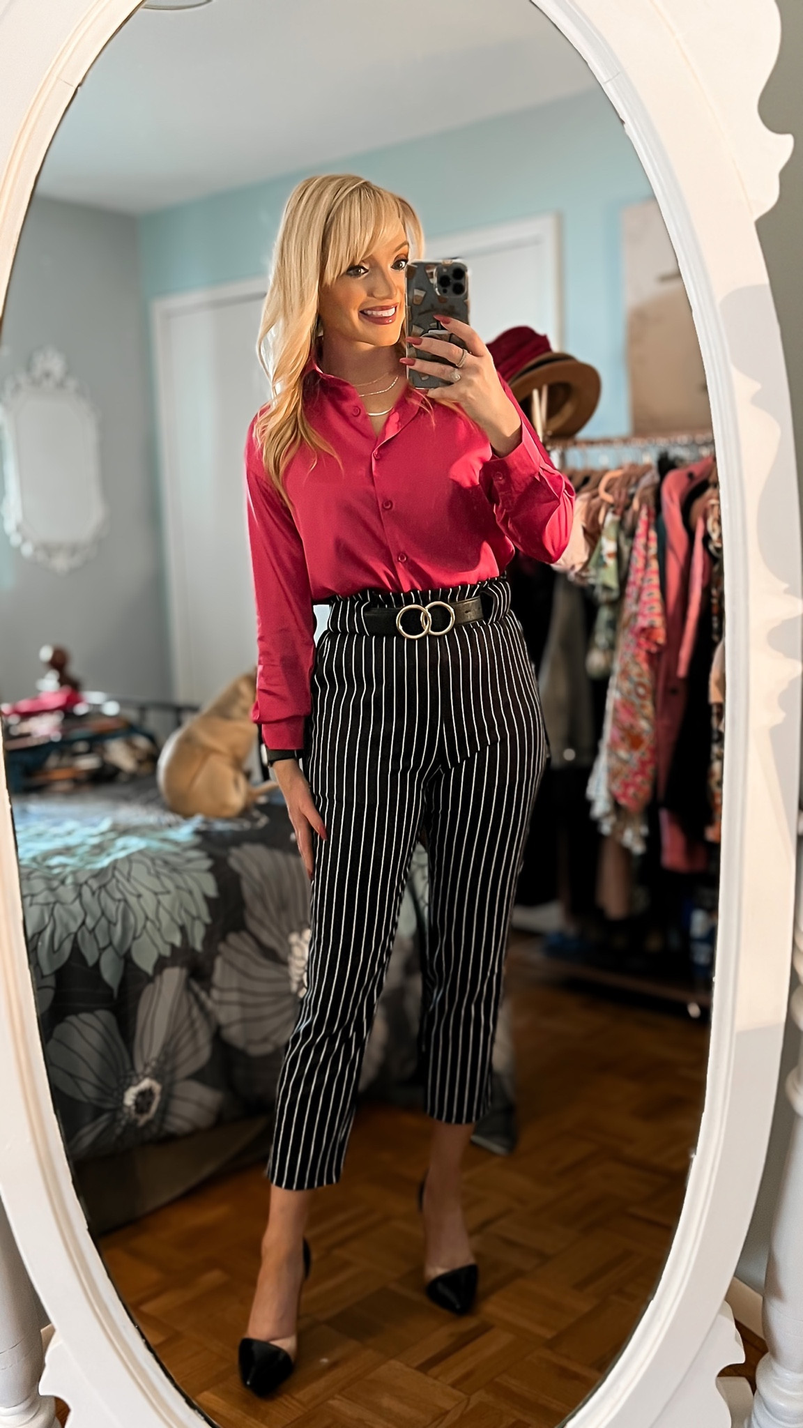 Hot pink silky satin blouse - pull on pinstriped paperbag waist pants - black stiletto heels - business casual - wear to work - office style - teacher style - Amazon Fashion - Amazon finds - spring transition outfit - outfit ideas 

#LTKunder50 #LTKstyletip #LTKworkwear
