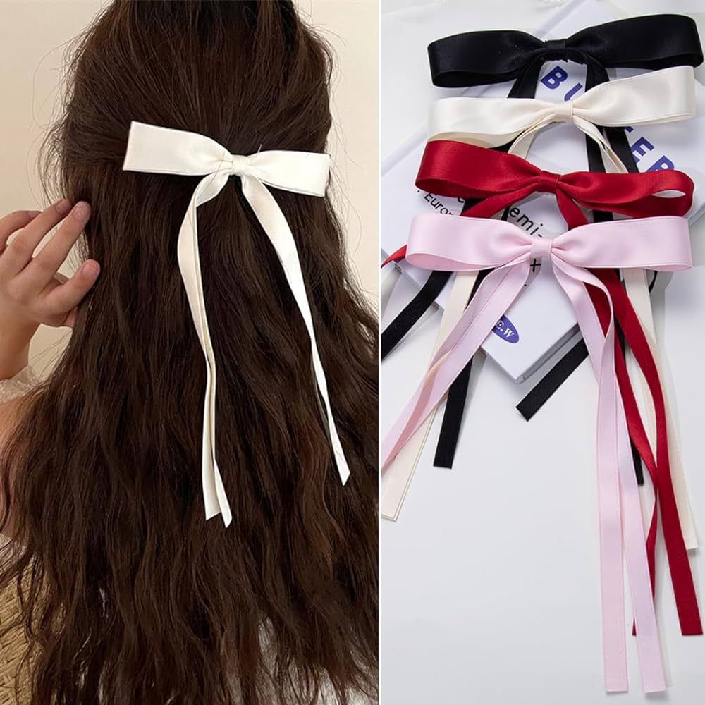 4 PCS Ribbon Hair Clips Bowknot With Long Tail,Bow Hair Clips,Hair Clips for Women with Bowknot C... | Amazon (US)