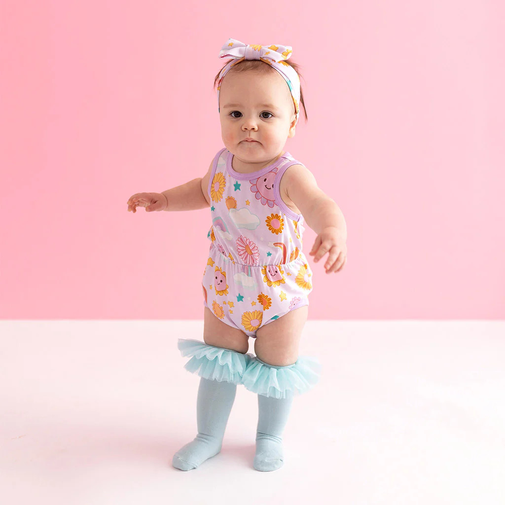 Rainbow Florals Purple Sleeveless Bubble Romper | Raya | Posh Peanut