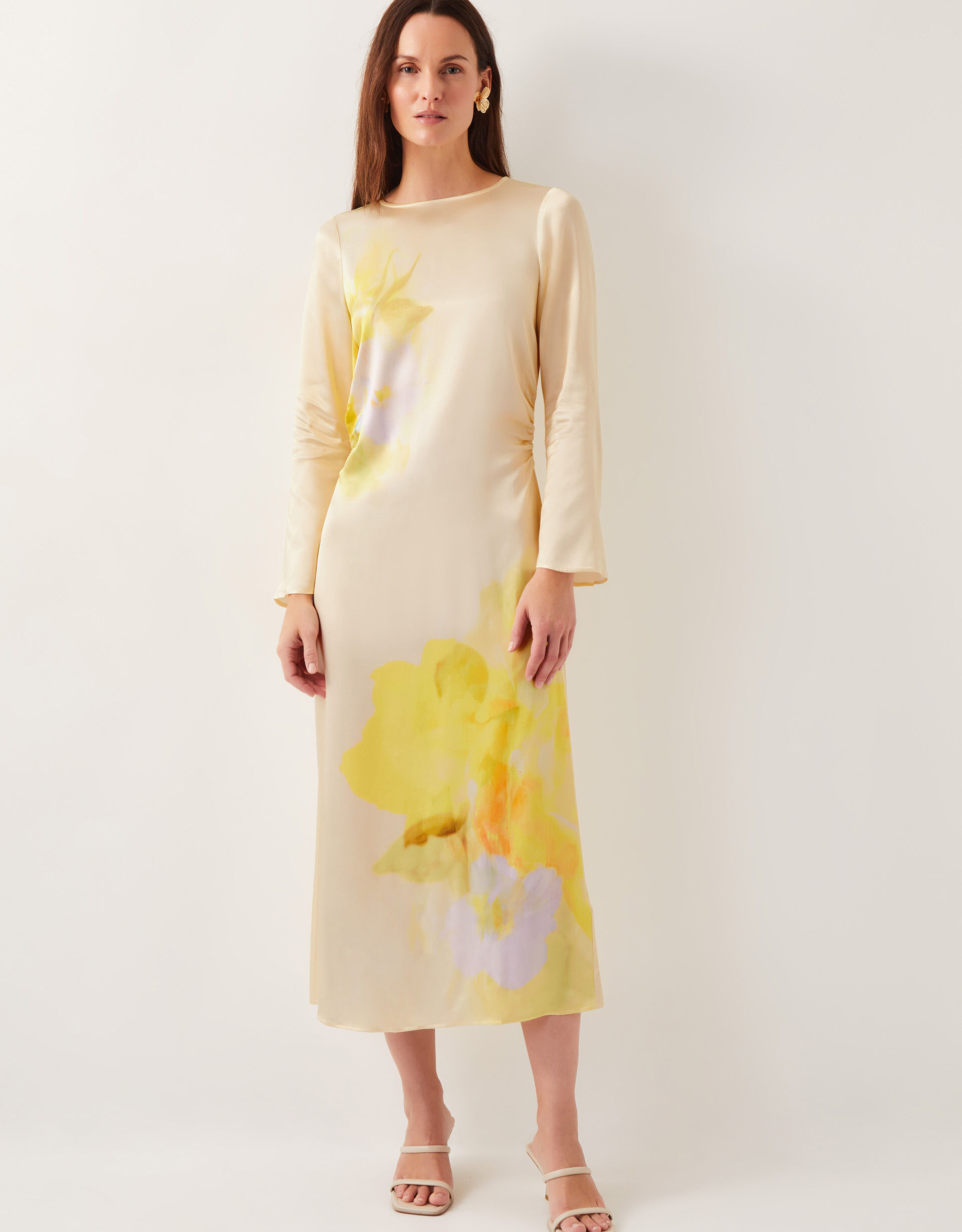 Camile Floral Satin Midi Dress Yellow | Monsoon (UK)
