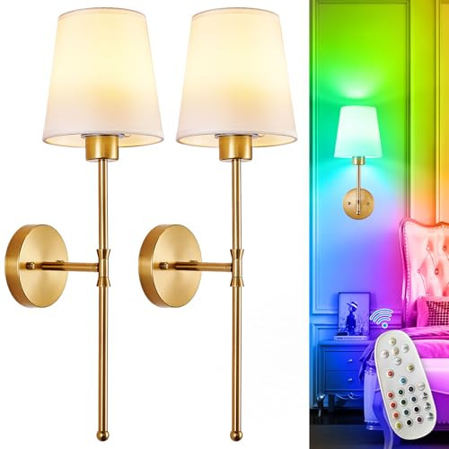Depuley Battery Operated Wall Sconce: Set of 2 Wireless Wall Lights with 10000mAh Dimmable Bulbs and Remote for Bedroom - Rechargeable 15 Colors Gold Wall Lamp for Living Room Hallway | Amazon (US)