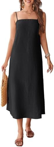100% Linen Dresses Square Neck Sleeveless Spaghetti Strap Summer Casual Midi Dress with Slit | Amazon (US)