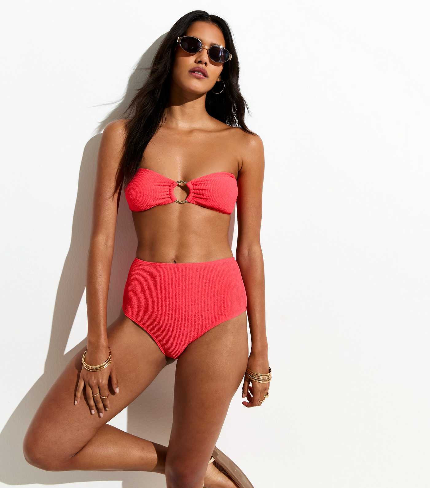 Coral Crinkled High Waist Bikini Bottoms | New Look | New Look (UK)