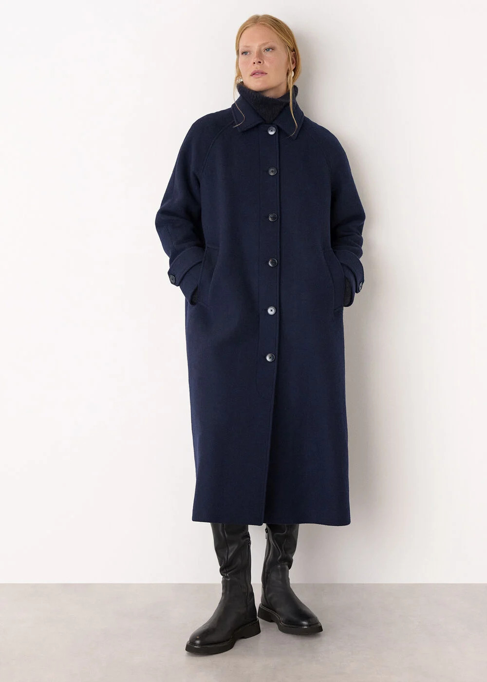 Navy Collar Detail Long Wool Coat | WHISTLES | Whistles UK | | Whistles