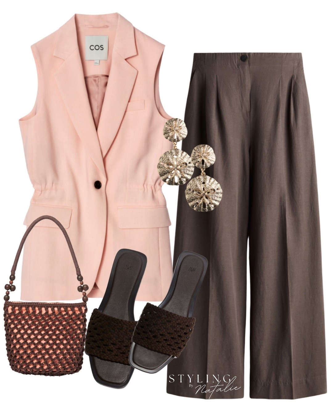 Waistcoat, wide leg linen  trousers, braided crochet sandals, beaded bucket bag and gold earrings.
H&M, high street, COS, peach & brown outfit, brunch outfit, summer outfit, spring look, classy, casual chic style.

#LTKeurope #LTKmodest #LTKsummer