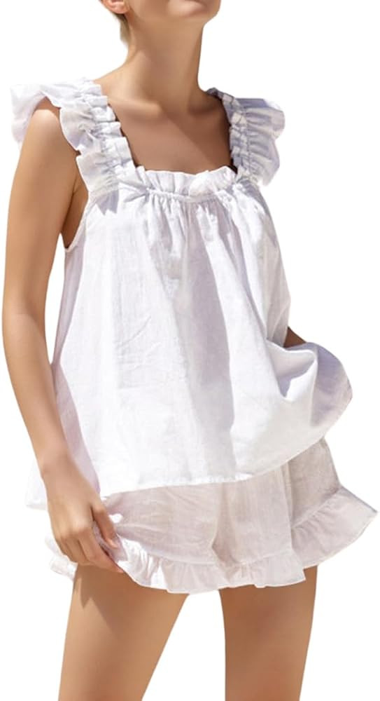 Womens Summer Pajama Sets 2 Piece Outfits Ruffle Trim Top and Shorts Cotton Loungewear Set | Amazon (US)