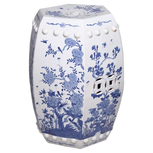 Jaden Global Bazaar Blue &White Hexagonal Floral Bird Motif Outdoor Garden Stool | Kathy Kuo Home