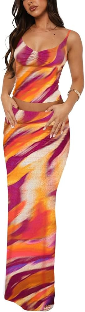 Two Piece Skirt Set for Women - Sexy Sleeveless Spaghetti Strap Pleated Tank Top Maxi Long Skirts... | Amazon (US)