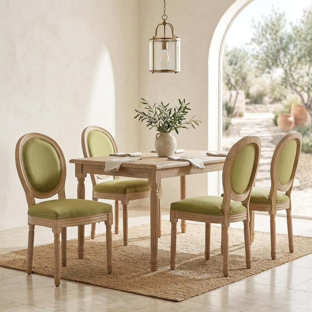 French Country Dining Chairs Set of 4, Olive Round Back Dining Chairs with Linen Upholstered Seat, Solid Wood Legs, Farmhouse Kitchen & Dining Room Chairs, Sillas De Comedor (Green, 4Pcs) | Amazon (US)