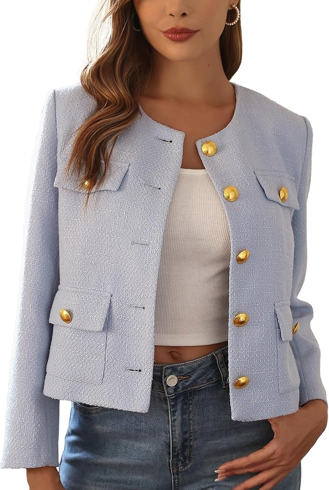 M.Infisavo 2025 Women Tweed Jacket Cropped Blazers Spring Summer Elegant Round Neck Pockets Busin... | Amazon (US)