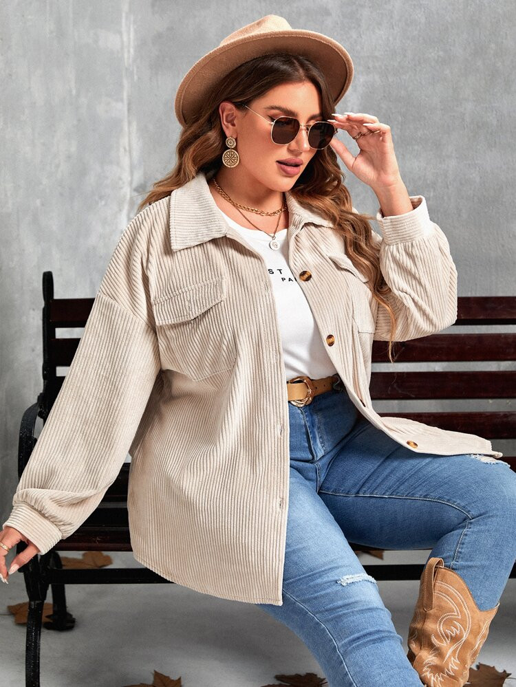 EMERY ROSE Plus Drop Shoulder Flap Pocket Corduroy Coat | SHEIN