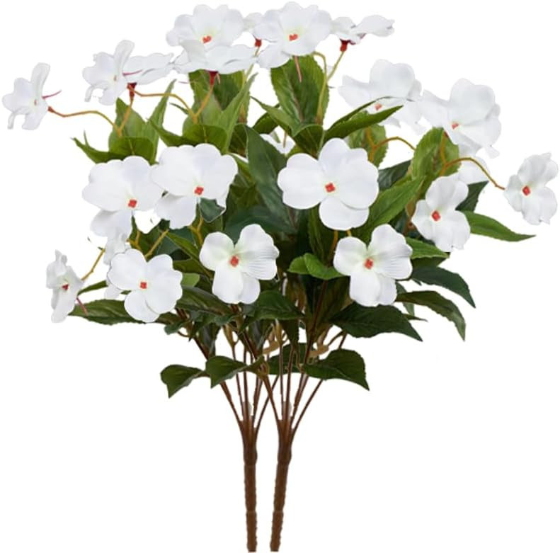 FAICOIA 2 Pcs Artificial Impatiens Flowers for Outdoors Faux Impatiens Bushes White Silk Flowers Greenery Artificial Impatiens Bouquet for Patio Lawn Garden Pot Hanging Basket Porch Decoration | Amazon (US)