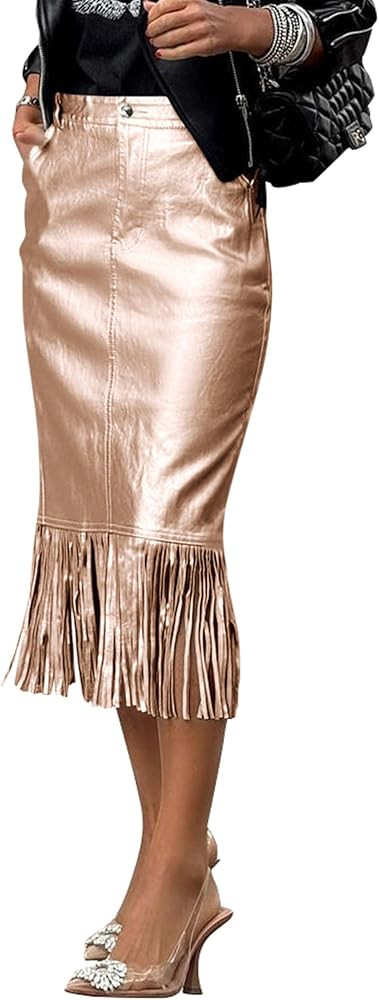 PRETTYGARDEN Women's Metallic Midi Party Skirt Casual High Waisted Fringe Shiny Y2K Long Pencil S... | Amazon (US)