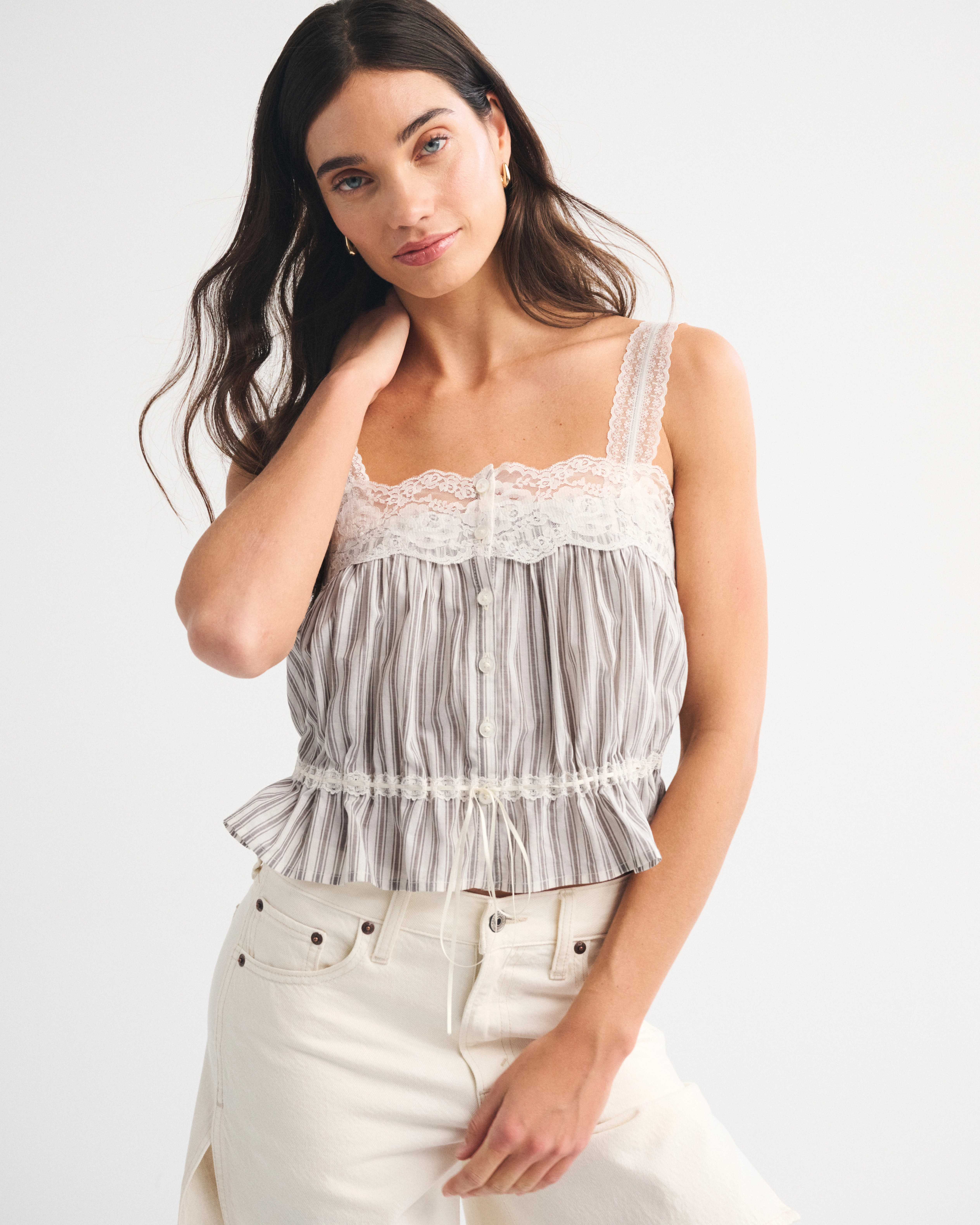Lace-Trim Button-Through Cinched Cami | Abercrombie & Fitch (US)