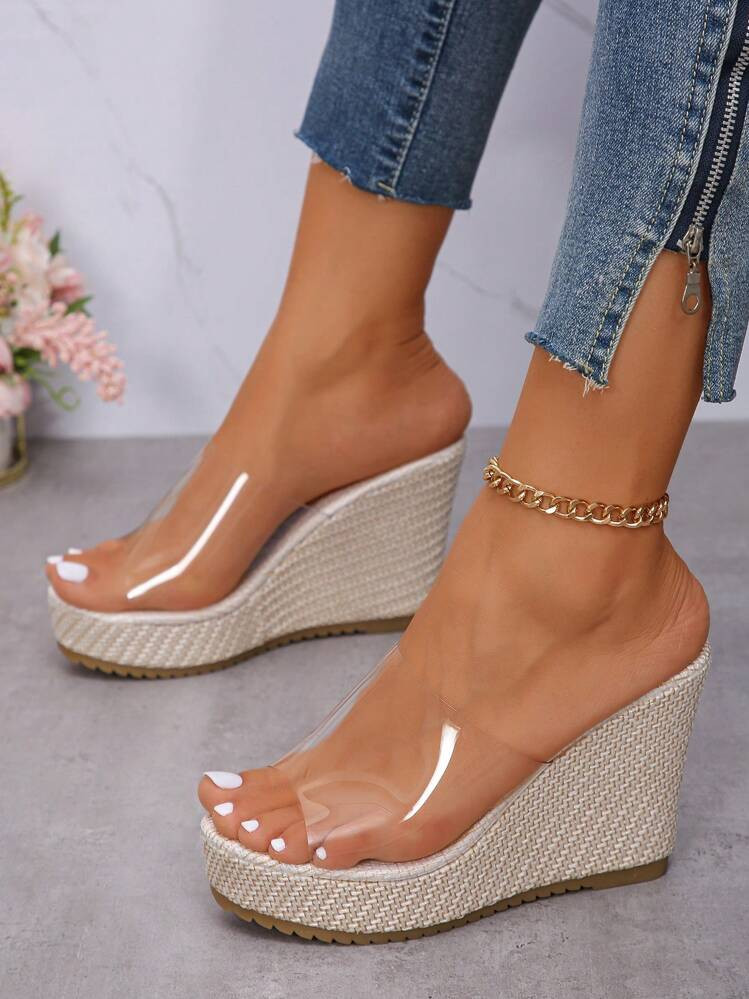 1 Pair Women's New Comfortable Wedge Thick Sole Transparent Slip-On Peep-Toe Sexy Summer Rope Bot... | SHEIN