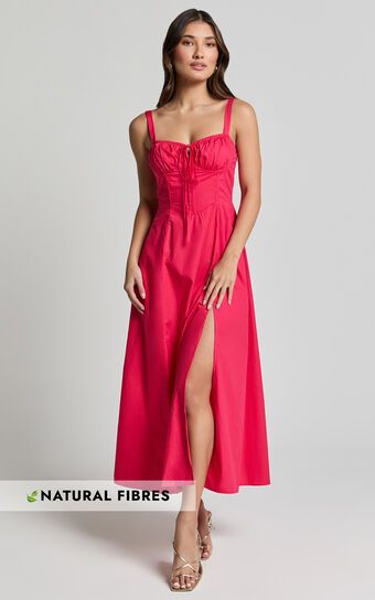 Maiya Midi Dress - Tie Front Fitted Bodice Dress in Red | Showpo (US, UK & Europe)