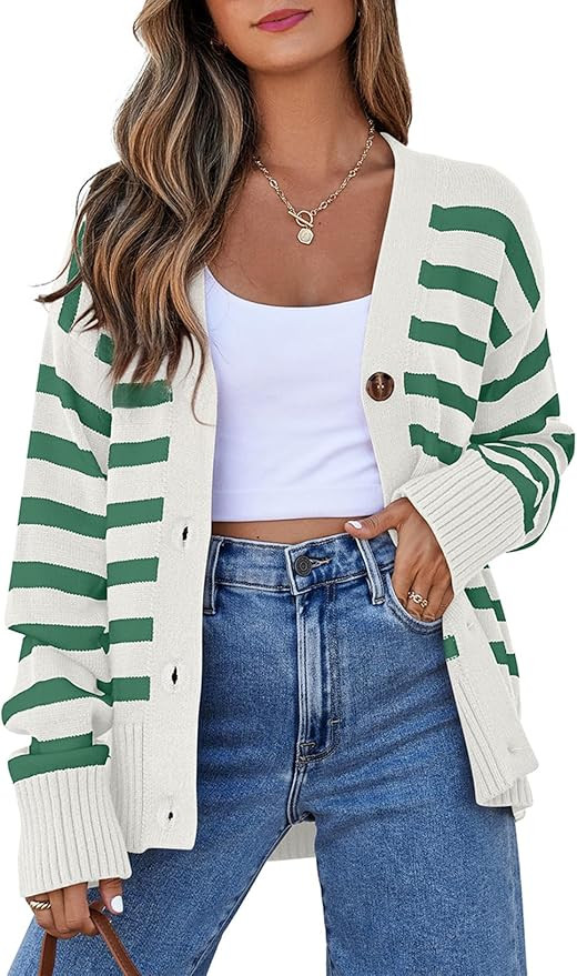 EVALESS Womens Striped Cardigan Sweaters Long Sleeve V Neck Lightweight Open Front Button Down Kn... | Amazon (US)